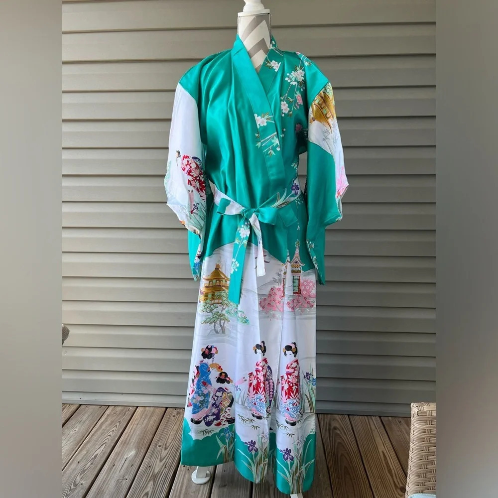 Women's Yukata Kimono 👘 Robe Turquoise Sz 58” Long Made In Japan 🇯🇵